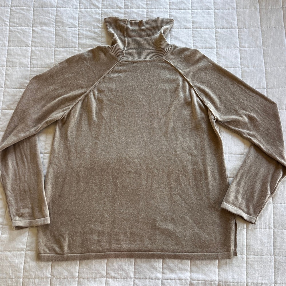 Jeanne Pierre Tan Beige 100% Cotton Turtleneck Raglan Sweater Large - Picture 6 of 6